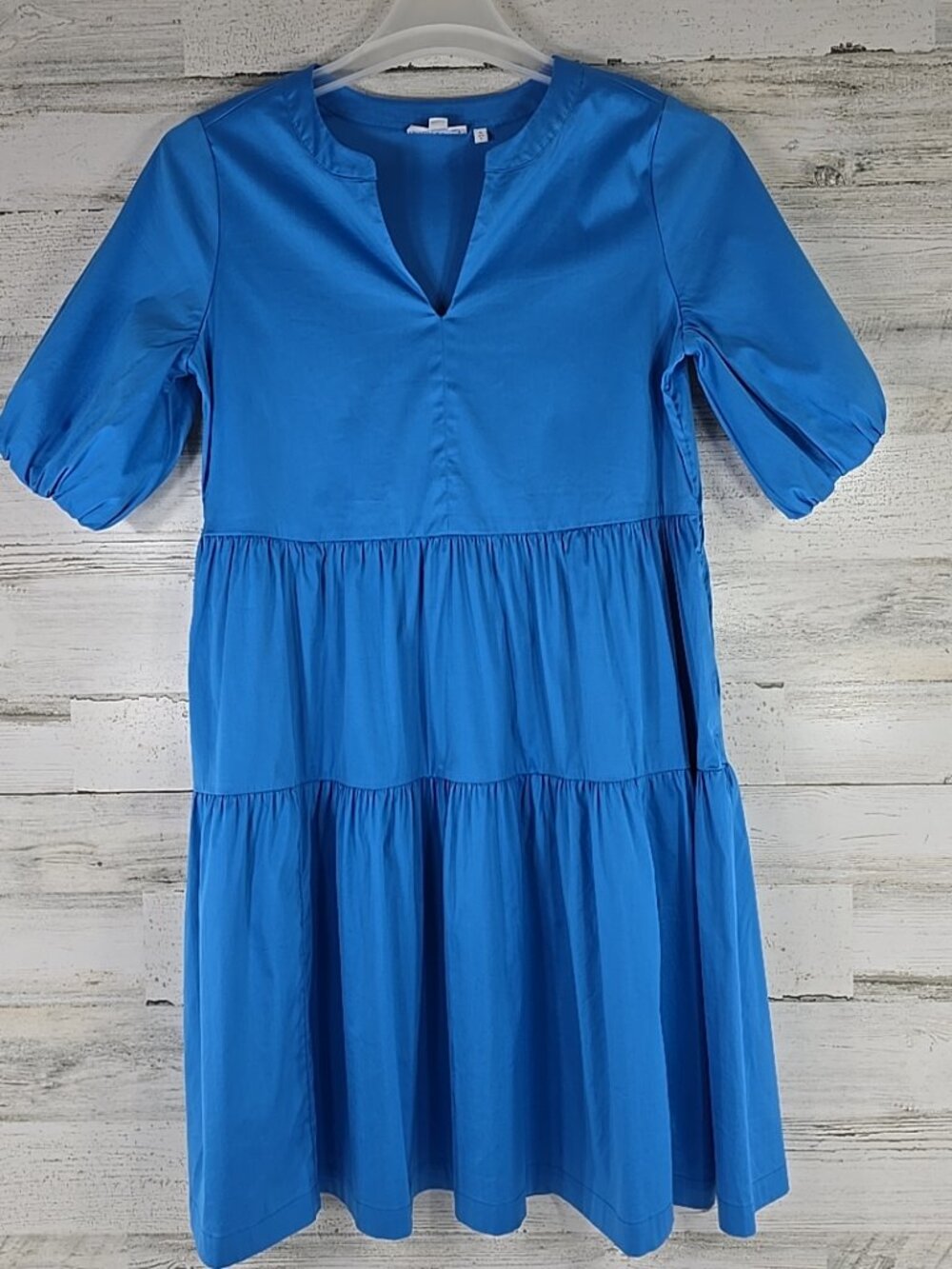 Chico's Blue MIDI Dress WOMEN'S Size 0 US 4 Poplin Round V Neck 3/4 Sleeve *EUC*